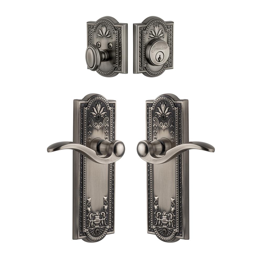 Grandeur by Nostalgic Warehouse Single Cylinder Combo Pack Keyed Differently - Parthenon Plate with Bellagio Lever and Matching Deadbolt in Antique Pewter